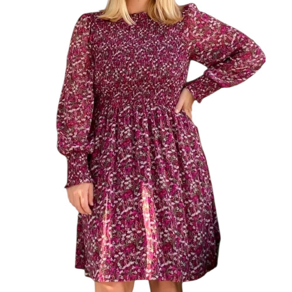 Women's Draper James RSVP Plum Long Sleeve Smocked Bodice Floral Dress size 1X